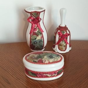 3 piece vase, bell and trinket box set.